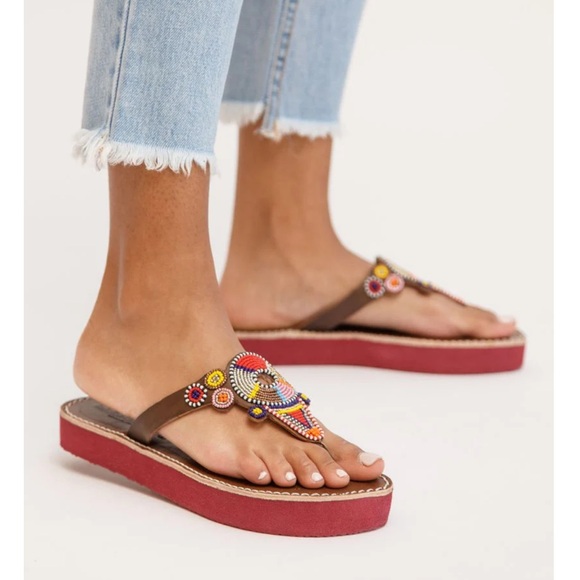 Anthropologie New Shibli SSR Leather Sandal Red Mix laidback London sandal 🌈 - Picture 1 of 11